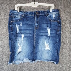 Wax Jean Denim Skirt Women 1XL Dark Wash Distressed Frayed Hem 90114XL